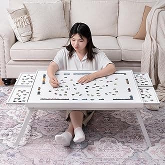 TEAKMAMA 1500 Piece Wooden Jigsaw Puzzle Board with 4 Drawers, Folding Puzzle Table with Protective Cover, Jigsaw Board with Legs, Multifunctional Game Table for Adults, 34W x 26.3D, White