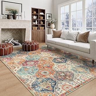 Moroccan 5x8 Area Rug, Ultra-Thin Washable Rugs for Living Room Bedroom, Soft Large Oriental Non-Slip Non Shedding Throw Large Carpet for Dining Room Office Elise, Cream/Multi