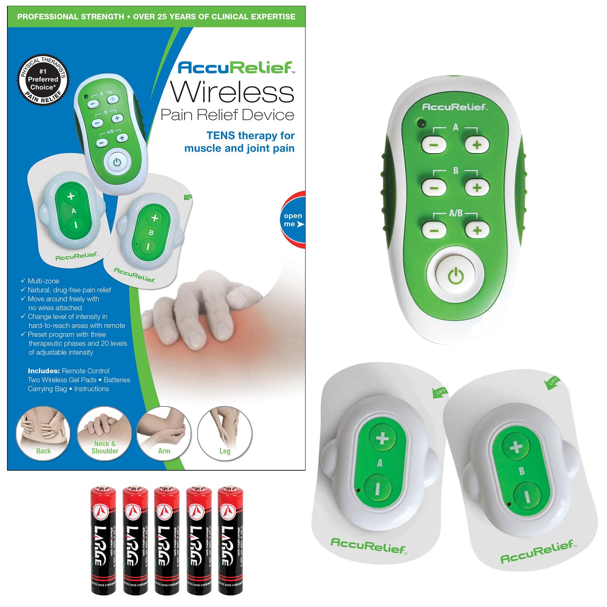 AccuRelief Wireless TENS Unit with Remote Control, TENS Pain Relief Device and Muscle Stimulator, for Back Pain, Neck Pain, Arm and Leg Pain