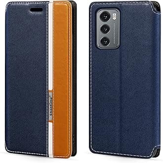 Classic Stripes Faux Leather Flip Case Compatible with LG Wing 5G, Invisible Magnetic Cover with Card Slot, Contrast Color Design(Blue)