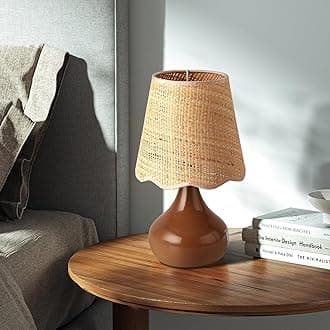 Brown Small Bedside Table Lamp for Bedroom, Farmhouse Bedroom Lamps for Nightstand, Rattan Lamp Shade Table Lamps for Small Spaces for Kitchen Counter, Home Office, Living Room, Kids Dorm