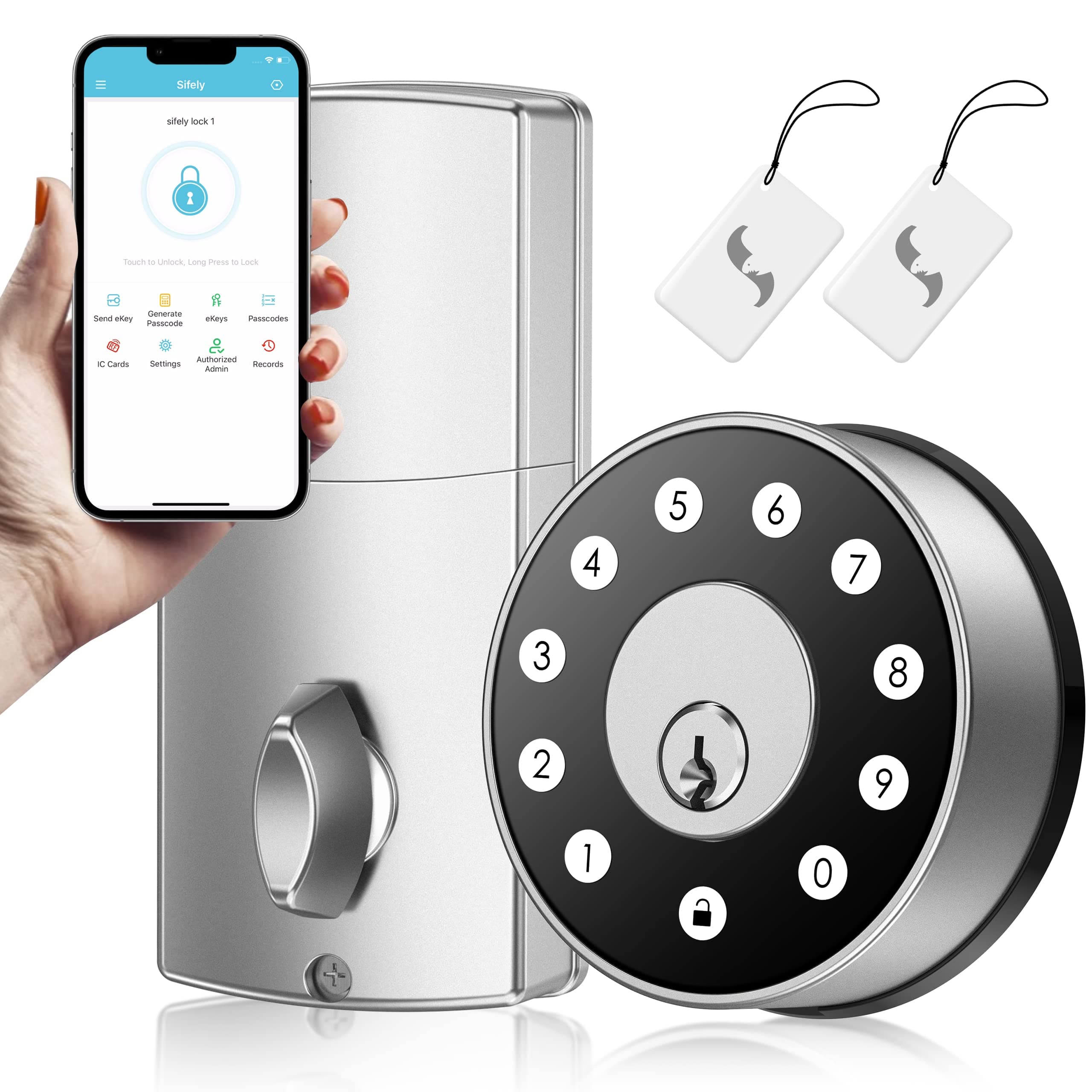 Sifely Keyless-Entry Deadbolt Smart Lock: Digital Keyless Entry Door Lock for Front Door, Code & Fob Access, App Control, Auto Lock, Easy to Install, Silver