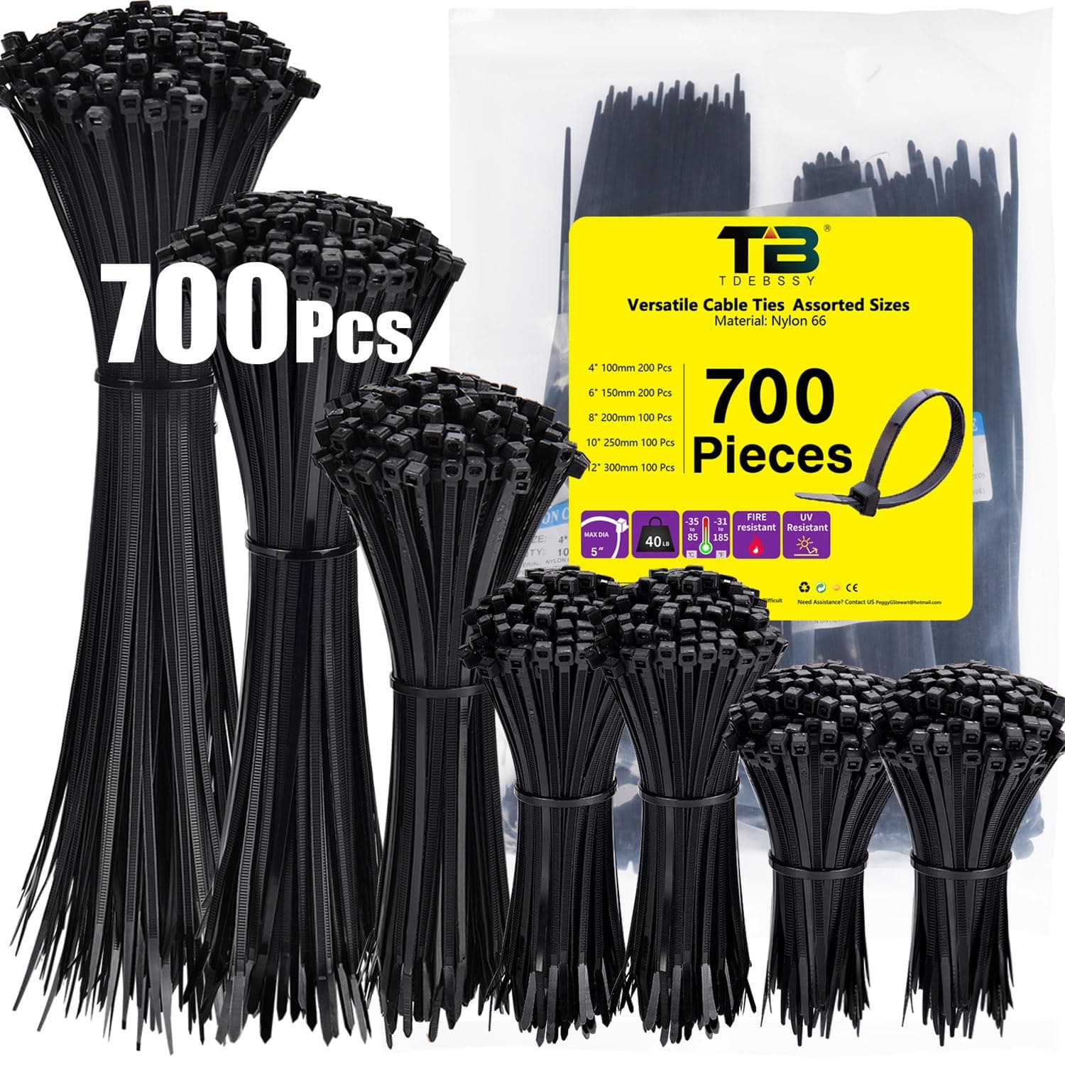 700 Pack Cable Ties Assorted Sizes 100/150/200/250/300mm×3.6mm Width Black Zip Ties 40lbs Heavy Duty Tie Wraps Assorted Plastic Zip Ties Wire Ties Small Nylon Plastic Cable Ties for Indoor and Outdoor