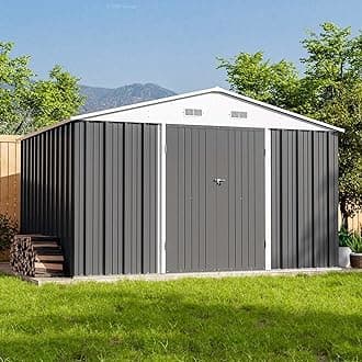 10 x 8 FT Outdoor Storage Shed, Large Garden Tool Metal Shed with Sloping Roof and Double Lockable Door, Outdoor Shed for Backyard Garden Patio Lawn,Grey