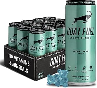 G.O.A.T. Fuel Energy Drink, Co-Founded by Jerry Rice, Natural Caffeine, Electrolytes, BCAAs, Cordyceps Mushrooms & Antioxidants, Light Carbonation Pre Workout, 12 Pack, 12 FL Oz, Gummy Bear