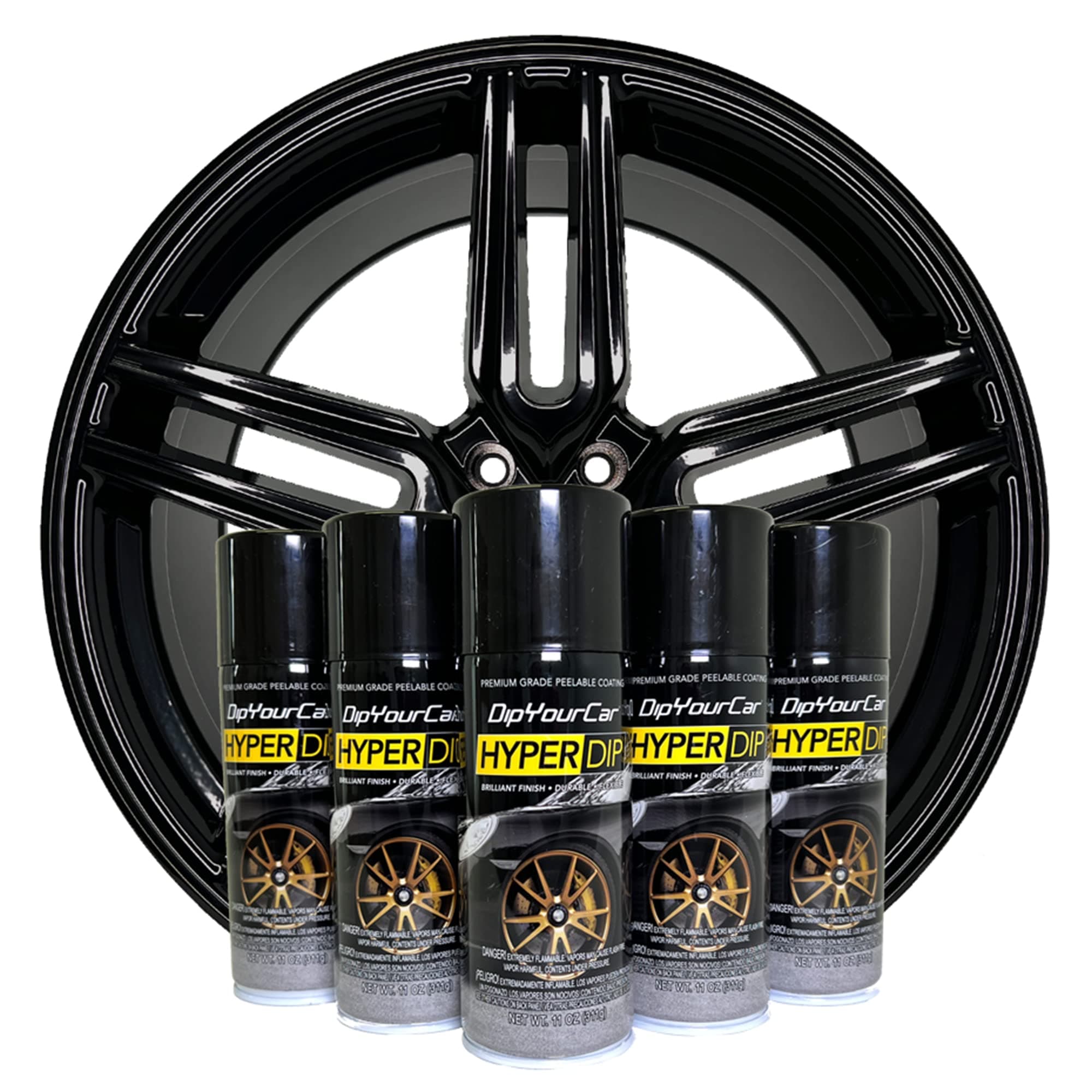 HyperDip Wheel Paint Kit, DIY Rim Paint Set, Automotive Dip Coat, Peelable Car Protection, Gloss Coat Spray - Piano Black