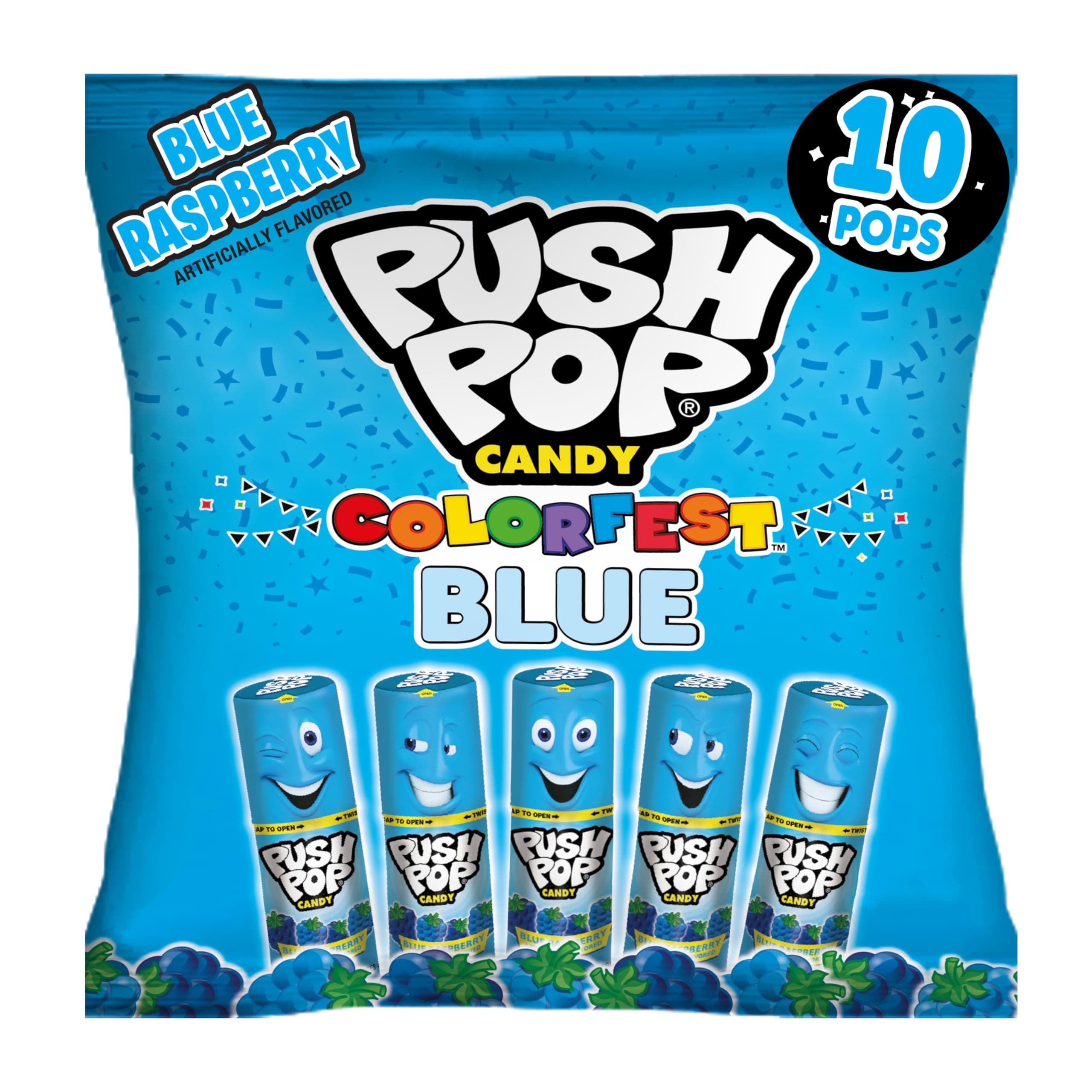 Push Pop Easter Blue Hard Candy Lollipops, 10 Ct Bulk Candy Individually Wrapped in Blue Raspberry Flavor, Lollipops For Easter Basket Stuffers, Party Favors, Treats and Gifts for Kids