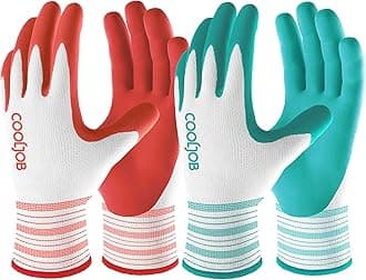 2 Pairs Gardening Gloves for Women Ladies, Breathable Rubber Coated for Yard Garden, Outdoor Indoor Protective Work with Grip, Medium Size, Red & Green