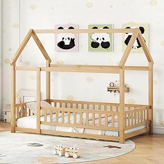 Bellemave Twin Size House Floor Bed Frame,Wooden Montessori Floor Bed with Fence for Kids,Twin Size Kids Bed,Natural