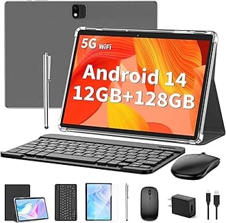 Android Tablet with Keyboard, Android 14 Tablet, 12(6+6) GB+128GB, 1TB Expand, 2 in 1, Mouse, Stylus, 8000mAh Battery, 2.4G/5G WiFi, GPS, Certified, Black Case