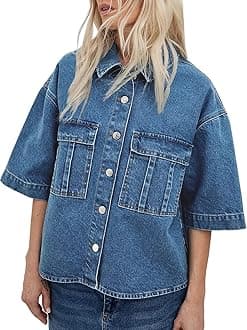 Womens Oversized Short Sleeve Denim Jackets Trendy Cropped Jean Tops Shackets