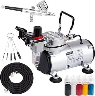 Timbertech Airbrush Kit With Compressor AS18-2K Basic Start Kit With Air Hose, Cleaning Brushes, and Test Paints for Hobby, Body Tattoo, Model painting, Automotive Graphic, Make-up