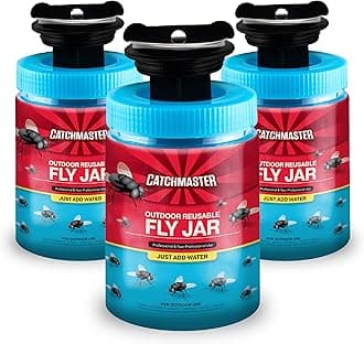Catchmaster Fly Traps Outdoor 3-Pack with Airlock Lid for No-Mess Disposal, Pesticide-Free Hanging Fly Jars, Reusable Bug Catchers for Yard, Patio & Trash, Sets Up in Seconds