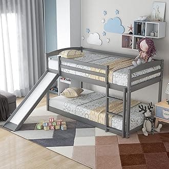 Morhome Twin Over Twin Bunk Bed with Convertible Slide and Ladder, Solid Wood Bunk Bed Kids Low Bunk Bed Frame with Safety Guardrail for Boys Girls Teens