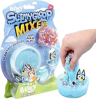 Official Bluey SLIMYGLOOP Mix'Ems, Pre-Made Cloud Slime, Bubblegum Scent, Fun Slime Add Ins Including Bluey Charm, Foam Balls, Glitter, Fidget Toy, Super Soft Non-Sticky Stress Relief Toy