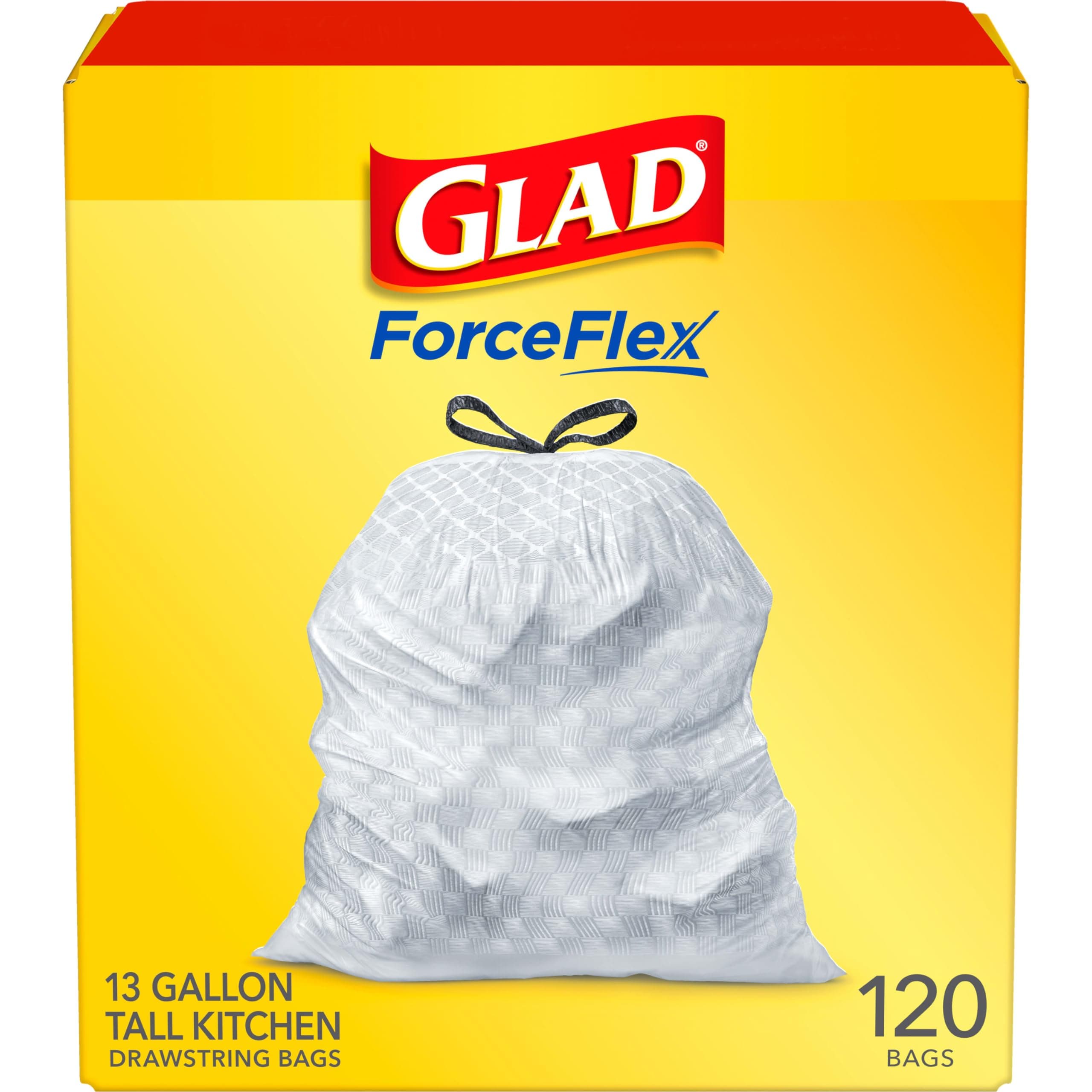 Glad Trash & Food Storage ForceFlex Tall Kitchen Drawstring Trash Bags ā 13 Gallon White Trash Bag, Unscented ā 120 Count (Package May Vary),BLZ-13440