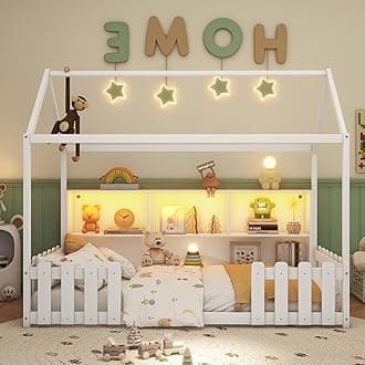 Twin Size House Bed for Kids with LED Light and Fence Guardrails,Wood Montessori Floor Bed Frame with Storage Bookshelf, Farmhouse Bed Frame for Girls Boys,White