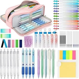 VICHOS Aesthetic Pencil Case with Stationery Included (63pcs Total), Pastel Highlighters| Mechanical Pencils| Gel Pens| Erasable Pens | More, 13-in-1 Back to School Stationery Supplies Set (Pink)