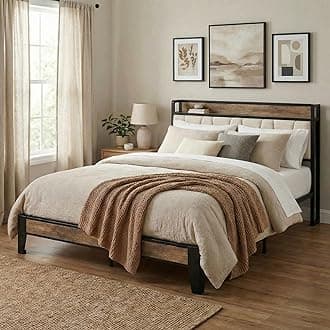 Full Size Bed Frame, Storage Headboard with Charging Station, Solid and Stable, Noise Free, No Box Spring Needed, Easy Assembly (Walnut and Beige)