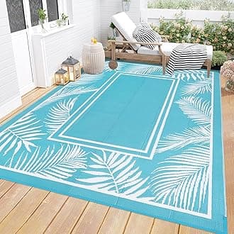 Bsmathom Waterproof Outdoor Rug 6'x9' Reversible Boho Plastic Straw Patio Deck Camping Rugs, Indoor Outdoor Portable RV Mat Clearance Carpet for Outside, Porch, Balcony, Backyard, Beach, Pool,Teal