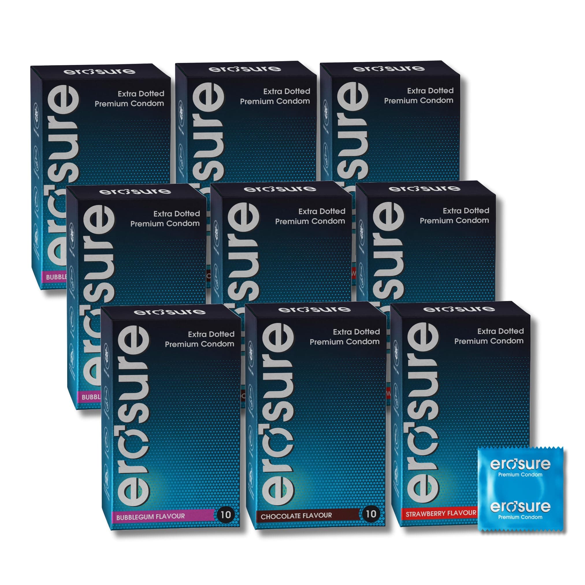 Erosure Extra Dotted Condom 90 Units Combo Pack | Dotted Condom For Boys,Men Extra Power | Long Lasting | In Chocolate, Strawberry & Bubblegum Flavour Mix 30 Units Each Flavour Total 90 Units Pack