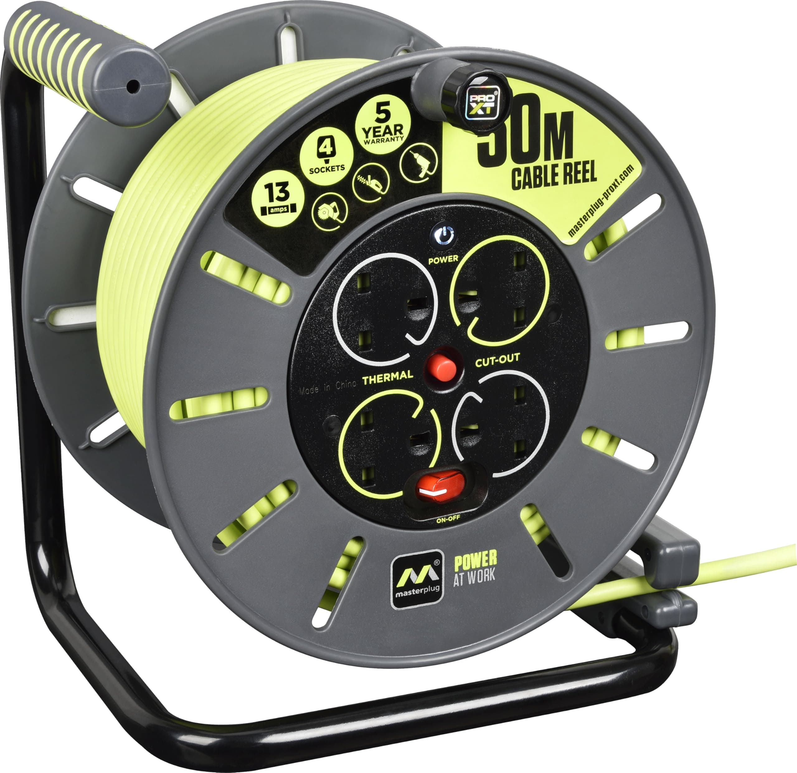 Masterplug OLU50134SL-PX Pro-XT Four Socket Open Cable Reel with Winding Handle, Thermal Cut Out and Power Switch, 50 Metres High Visibility Cable, Green