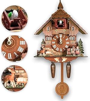 STRONGBERRY Brown Handcrafted Cuckoo Wall Clock with Silent Movement, with Pendulum and Chiming Function, Classic Vintage Wooden Design, 18.11 x 9.84 x 3.94 inches, Newly Wood Decorative Wall Clock