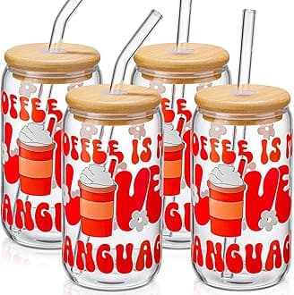 Glass Cups with Lids and Straws with Design 4 pcs,COFFEE IS MY LOVE LANGUAGE-DWTS Drinking Glasses Set,16 oz Glass Tumbler,Cute Design Glass Iced Coffee Cups with Lids and Straws
