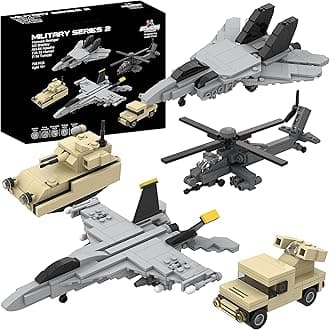 Apostrophe Games 5 Military Building Block Sets (730 Pieces) F/A-18 Hornet, F-14 Tomcat Fighter Jet, AH-64 Apache Helicopter, M2 Bradley Tank, and Humvee Avenger