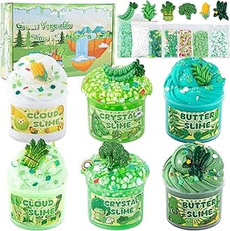 6 Packs Gradient Green Slime Kit - Cloud Butter Clear & Crunchy Slimes for Kids with Various Add-Ins, Non-Sticky Party Favors for Boys and Girls
