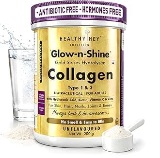 HealthyHey Skin Glow-n-Shine® Collagen Powder 200g | Hydrolysed Collagen for Women and Men with Hyaluronic Acid, Biotin and Vitamin C for Healthy Skin, Hair and Nails - (Unflavoured, 200gm)