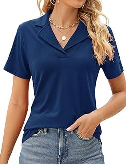 Women's Polo Shirts Lapel Collar V Neck Short Sleeve Blouse Dressy Casual Tunic Tops