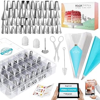 RFAQK 74 PCs Piping Bags and Nozzles | Cake Decorating Kit-48 Numbered Icing Nozzles with Pattern Chart & EBook-Flower Lifter&Nail, Icing Bags and Nozzles Set Cake Piping Nozzle Set & Icing Piping Kit
