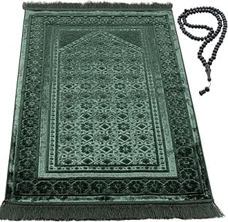 Modefa Velvet Prayer Rug - Soft Plush Turkish Janamaz Sajada Carpet for Men and Women - Plain Solid Prayer Mat Ramadan Eid Gift - with Prayer Beads - Luxury Floral Stamp (Dark Green)