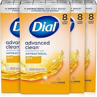 Dial Antibacterial Deodorant Bar Soap, Advanced Clean Gold, 4 Oz, 32 Bars, Round the Clock Odor Protection, Dermatologist Tested, With Clean Rinse Technology
