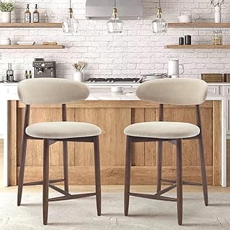 COLAMY Counter Height Bar Stools Set of 2, Kitchen Bar Stools with Back, Mid Century Modern Upholstered Bar Stools with Wood Legs for Kitchen Island Dining Room Bar, Beige