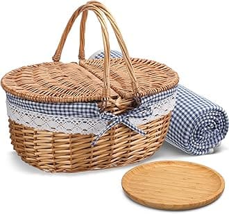 Picnic Basket with Blankets and Bamboo Plates Picnic Supplies Set Basket with Lid and Handle Wicker Picnic Basket Sturdy Woven Body with Washable Lining for Camping(Blue)