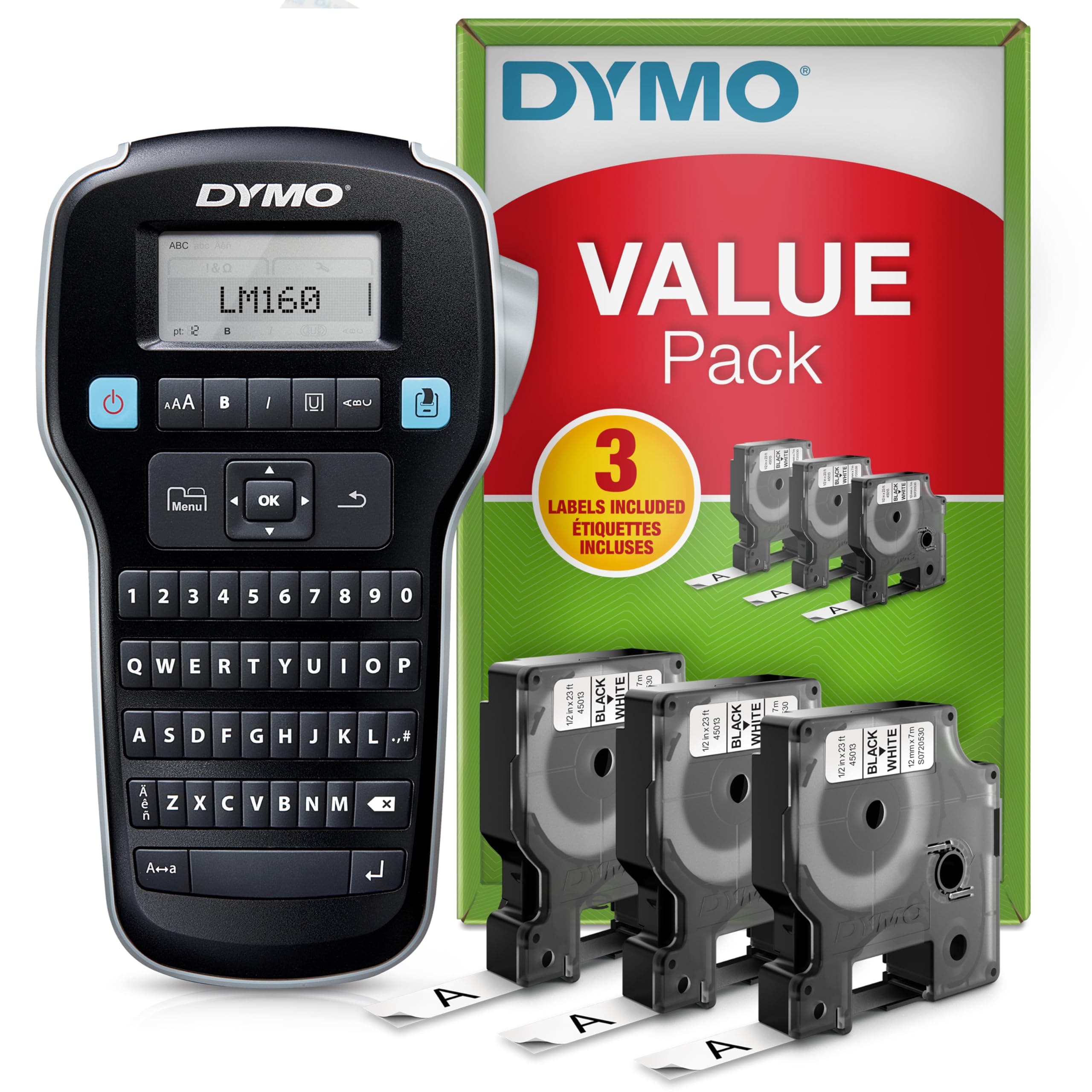 LabelManager 160 Label Maker Starter Kit | Portable Label Printer | With 3 Rolls of DYMO D1 Label Tape | QWERTY Keyboard | Ideal for Home or Office Use