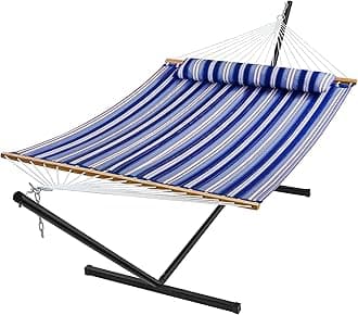 SUPERJARE Hammock with Stand, 2 Person Quilted Outdoor Hammock, Detachable Pillow & Bamboo Spreaders, Portable Hammock with Carrying Bag, Heavy Duty Stand, Perfect for Outside, Navy Blue Stripe