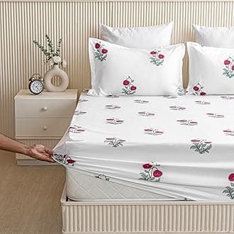 HOMEMONDE 100% Cotton Fitted Bed Sheet for King Size Bed, Floral Printed All Around Elastic Bedsheet (78 x 78 Inches) with 2 Pillow Cover | Perfect for Home Decor & Gifting