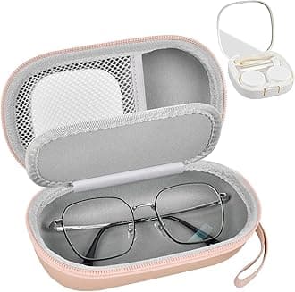 Portable 2 in 1 Contact Lens Case and Glasses Case, Traveling Contact Cases Bag Box Holder with Soak Storage Kit Included Built-in Mirror, Tweezer, Contact Lens Solution Bottle and Hand Strap-Gold