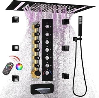 HOMEDEC LED Multi Functions Full Body Shower System with 6pcs Body Jets Spray with（Up/Down ）Shower Spout, Large 3 In 1 Functions 14x20inch Showerhead, Rainfall Mist Shower Faucet Set Complete, Black