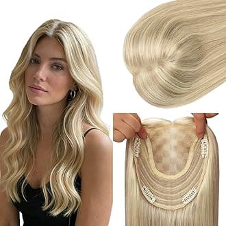HAIR Toppers for Women Real Human Hair 150 Density 14 inch 65 grams 6x7 inch Caramel Blonde Highlighted Blonde lace Silk Base Clip in Hair Pieces for Women（#18P60 14inch）