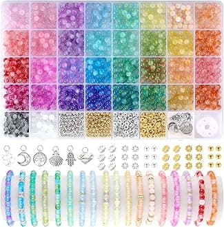 Funtopia 6mm Glass Beads Bracelet Making Kit, 1396pcs Gradient Glass Beads for Bracelets, 34 Colors Round Crystal Bead for Bracelets DIY Crafts with Spacer Bead and Charms