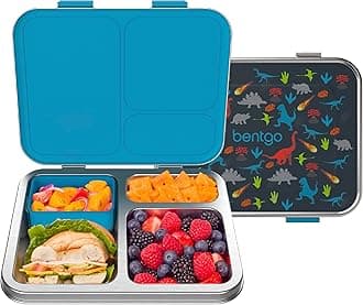 Kids Stainless Steel Prints Leak-Resistant Lunch Box - 3-Compartments with Bonus Silicone Container, Durable, Eco-Friendly, Dishwasher Safe, BPA-Free, Ideal for School, Ages 3+ (Dinosaur)