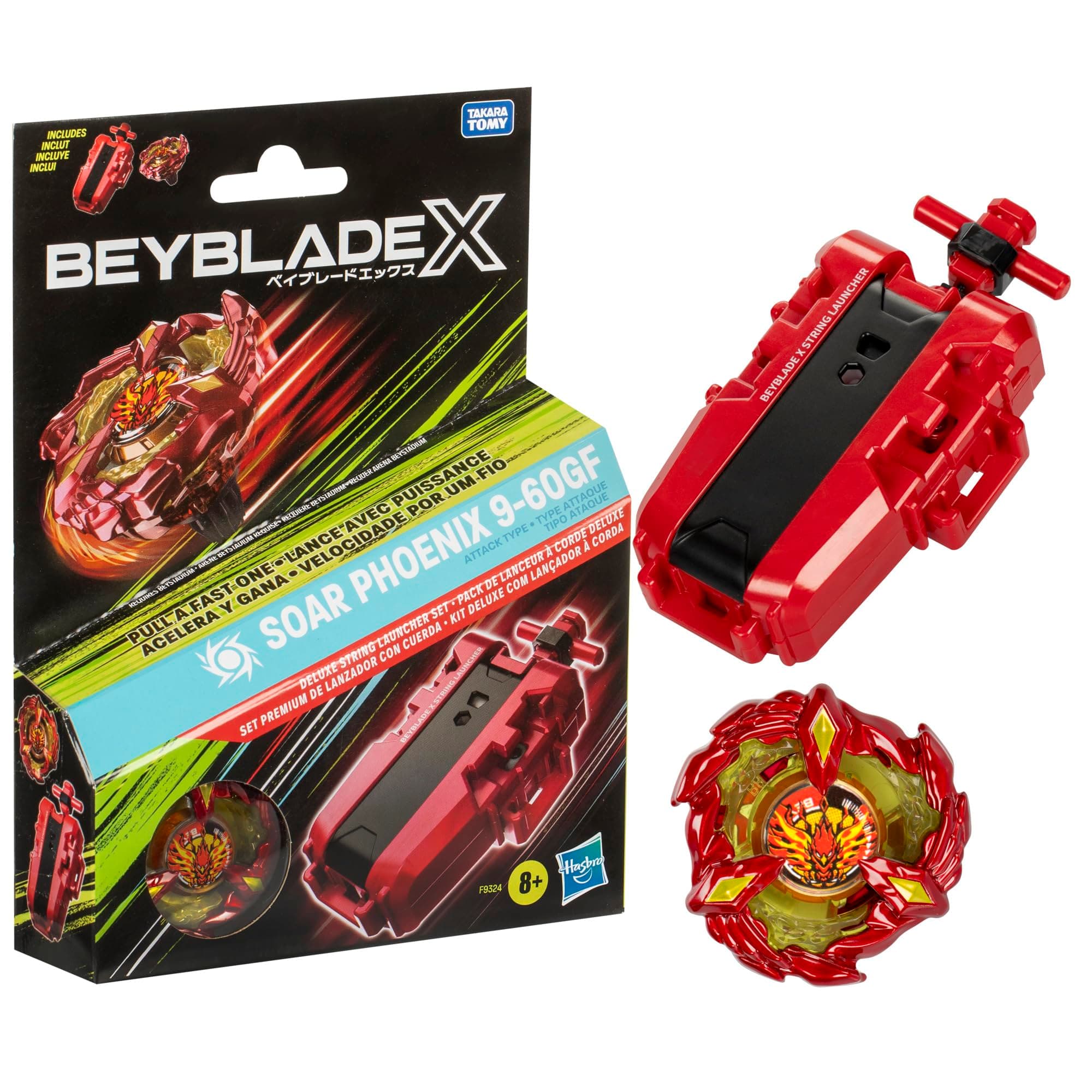 Beyblade X Soar Phoenix 9-60GF Deluxe String Launcher Set with Attack Type Right-Spinning Top Toy; Great Gift for 8 Year Old Boys and Girls