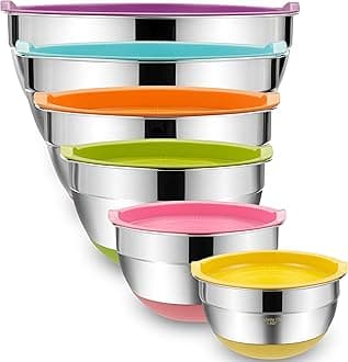Umite Chef Mixing Bowls with Airtight Lids, 6 piece Stainless Steel Metal Bowls , Measurement Marks & Colorful Non-Slip Bottoms Size 7, 3.5, 2.5, 2.0,1.5, 1QT, Great for Mixing & Serving