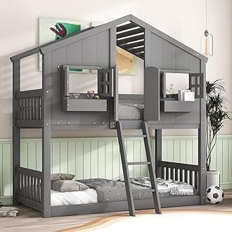 Harper & Bright Designs Twin Over Twin House Bunk Bed with Door, Roof and Window, Solid Wood Floor Bunk Bed Frame with Ladder & Guardrails for Kids Girls Boys, No Box Spring Needed, Grey