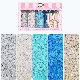 Christmas Sprinkles | Frozen Sprinkles for Baking & Cake Decorative | Christmas jimmies |stars Sprinkle Pack of 5 -Blue, White, Gold and silver color Dessert Decorating -140 Gms