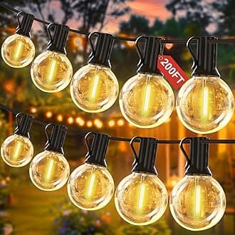 Yuucio Outdoor LED String Lights 200FT, 60M Festoon Lights Mains Powered with 104 Plastic Bulbs(4 Spare), Shatterproof Waterproof IP45 for Garden,Patio,Backyard,Gazebo, Wedding,Party,Warm White 2700K [Energy Class G]
